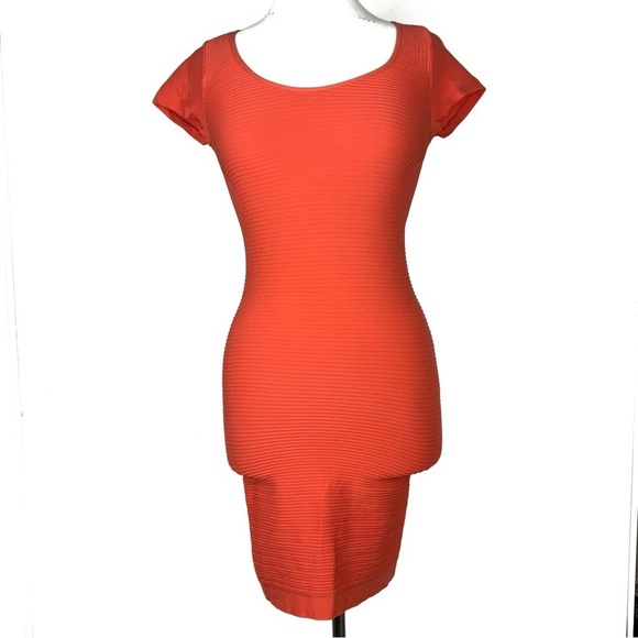 BEBE Bandage Coral Red-Orange Midi BodyCon Dress w/Open Back- Size S - Picture 1 of 7